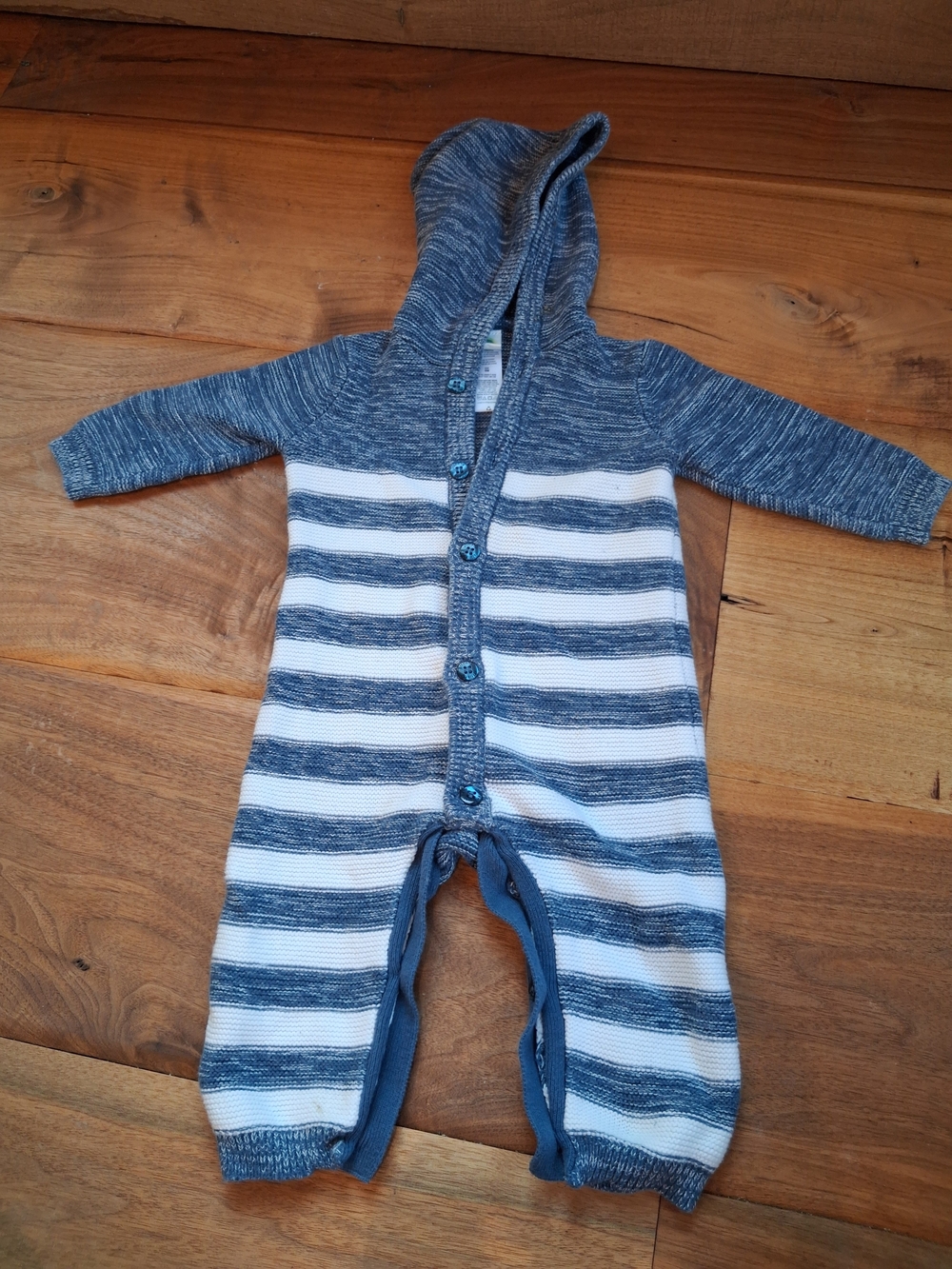 Striped Blue & White Baby Footie with Snap Front